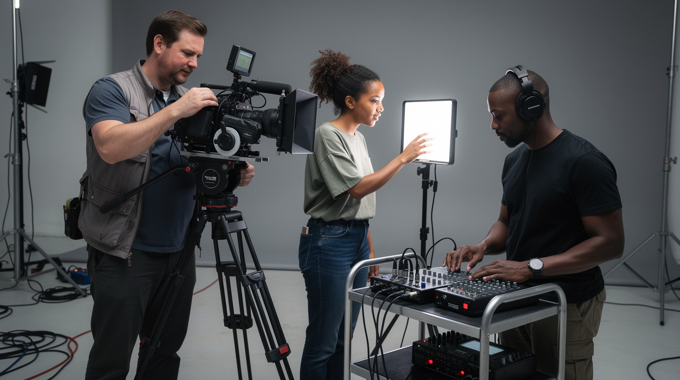 Production crew working together behind the scenes in a studio