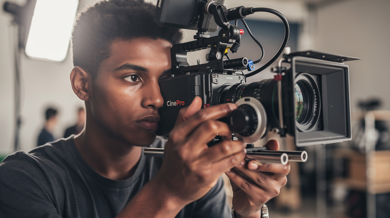 Camera operator framing a shot through a professional camera viewfinder