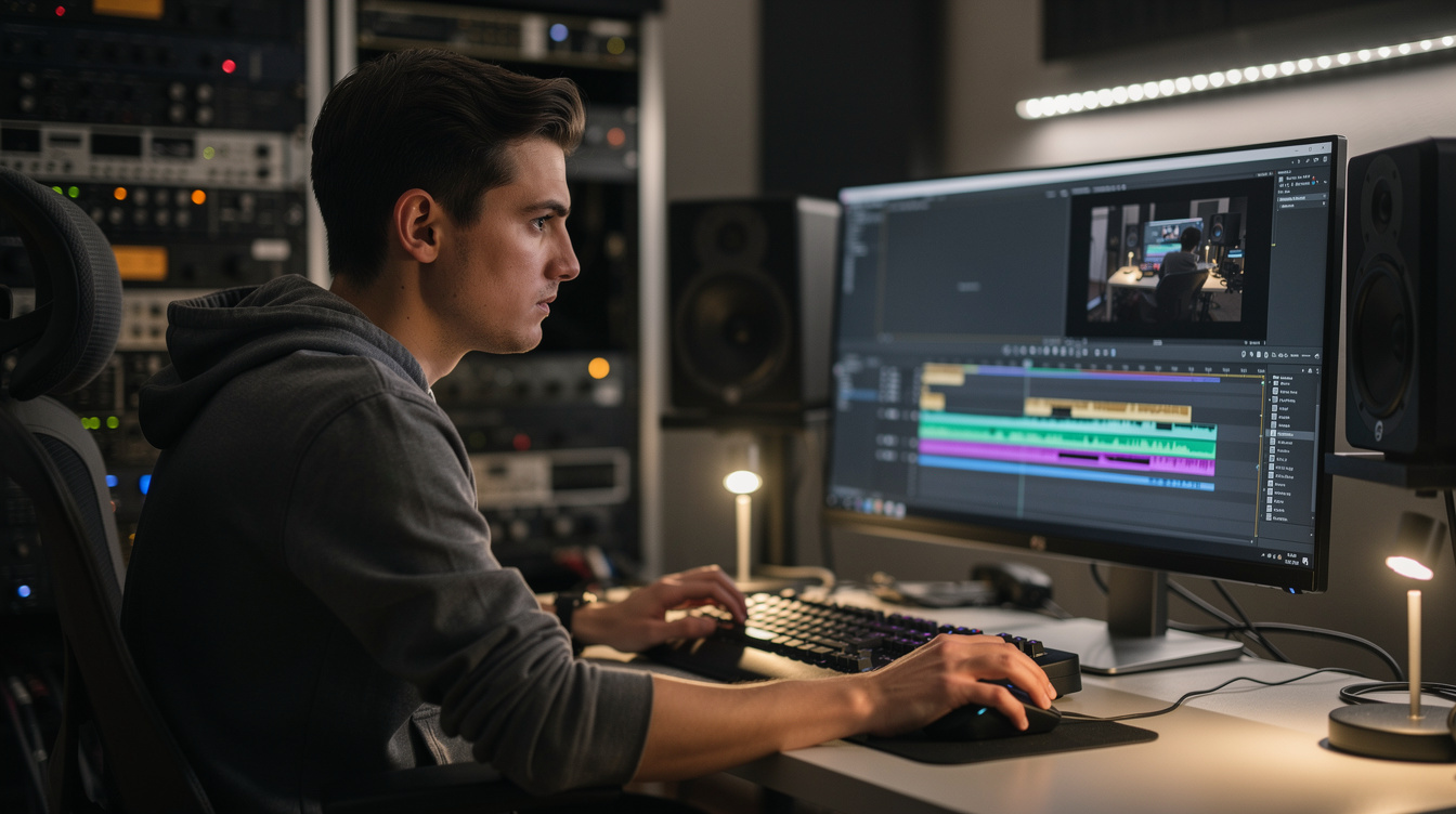 Editor reviewing footage on a monitor in a production studio