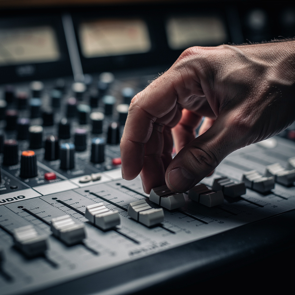 Sound engineer adjusting levels on an audio mixing console