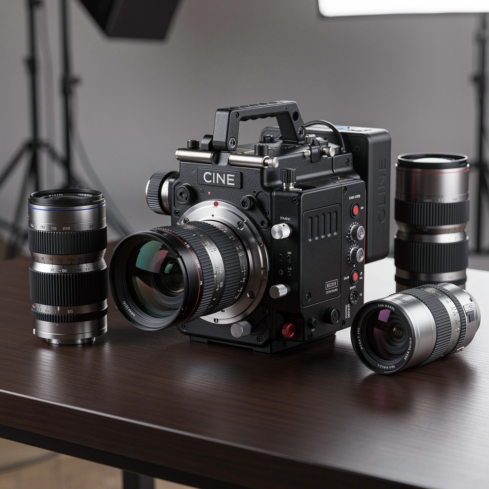 Close-up of professional cinema camera equipment and lenses