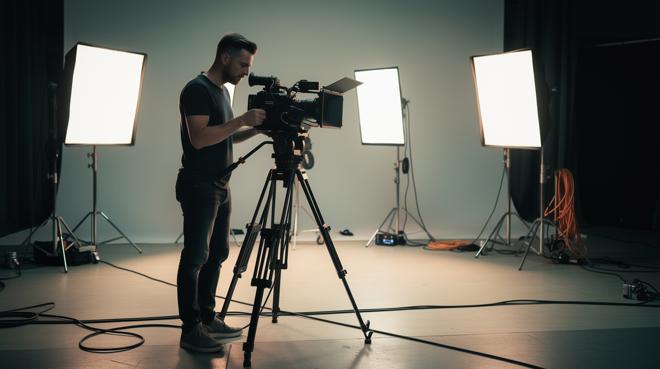 Videographer adjusting a professional camera on a tripod in a studio