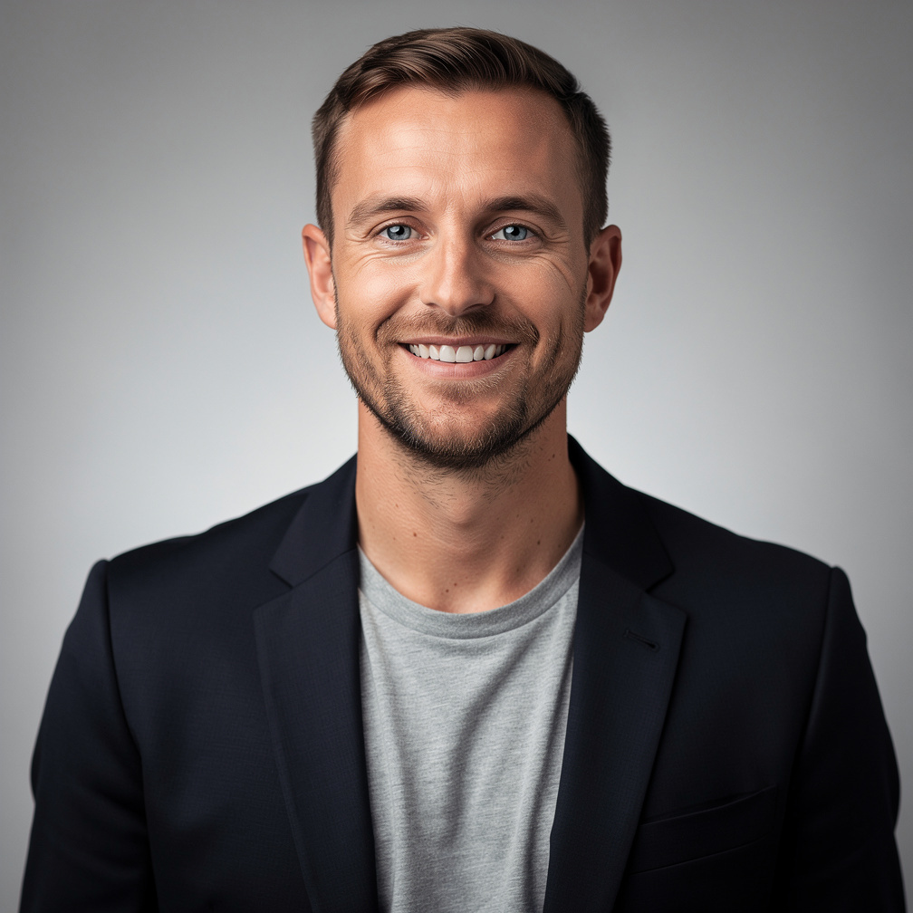 Portrait of a man filmmaker smiling in a studio