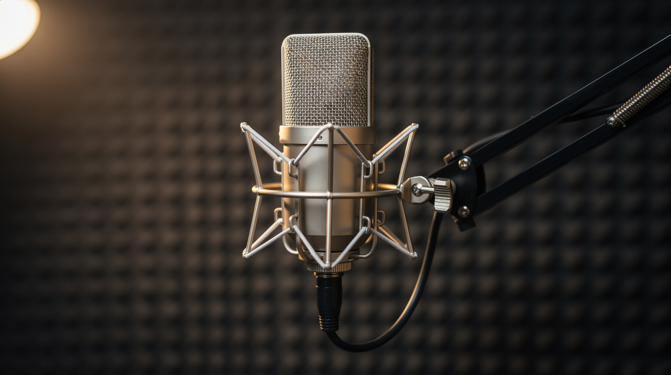 Professional podcast microphone set up on a boom arm in a studio