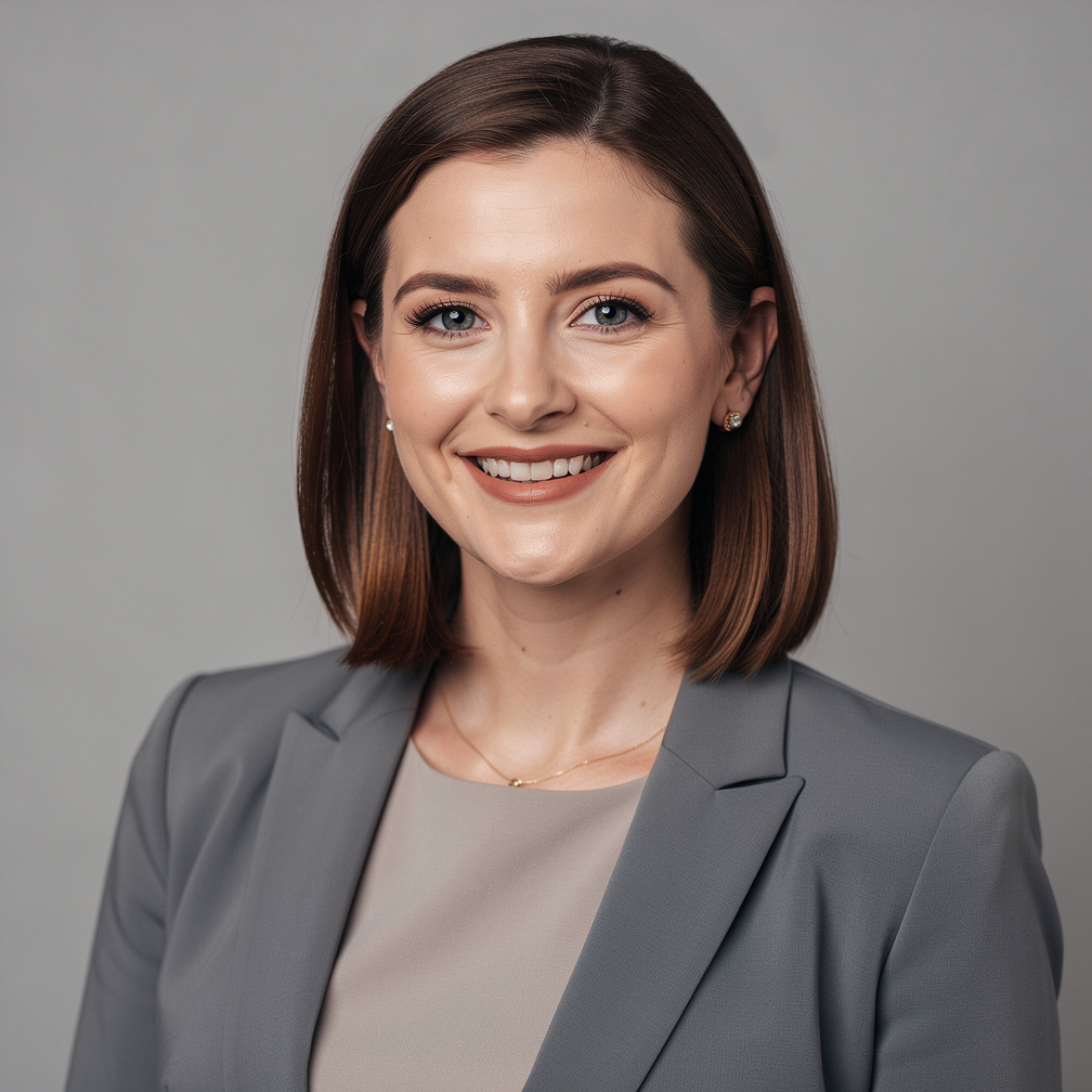 Portrait of a woman podcast host smiling in a studio